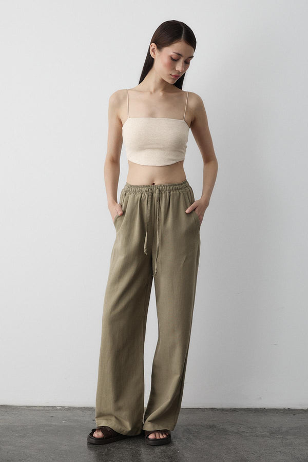 Çağla Beli Lastikli Pamuklu Keten Pantolon