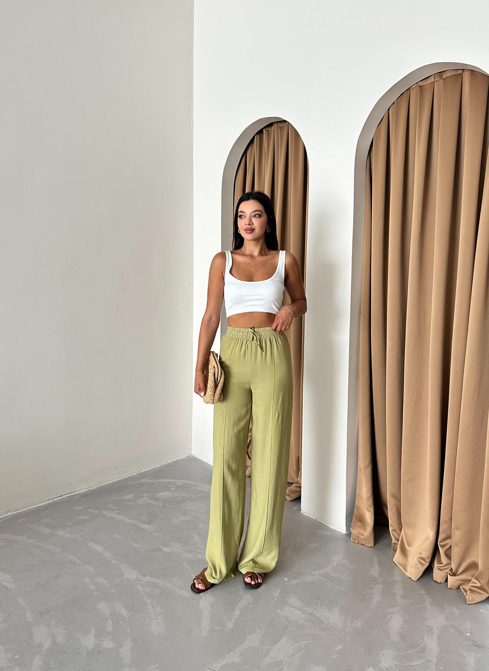 Çağla Yeşili %100 Keten Palazzo Pantolon