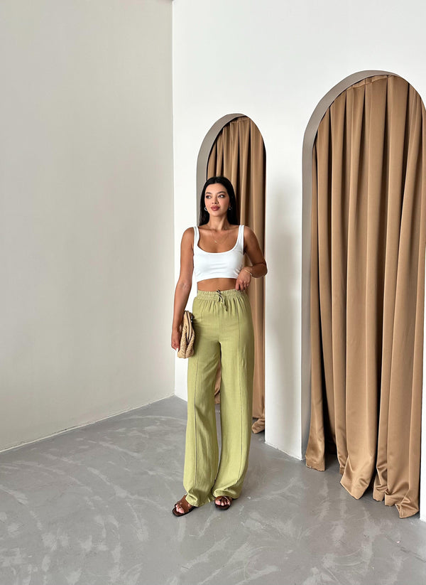 Çağla Yeşili %100 Keten Palazzo Pantolon