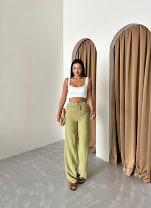Çağla Yeşili %100 Keten Palazzo Pantolon