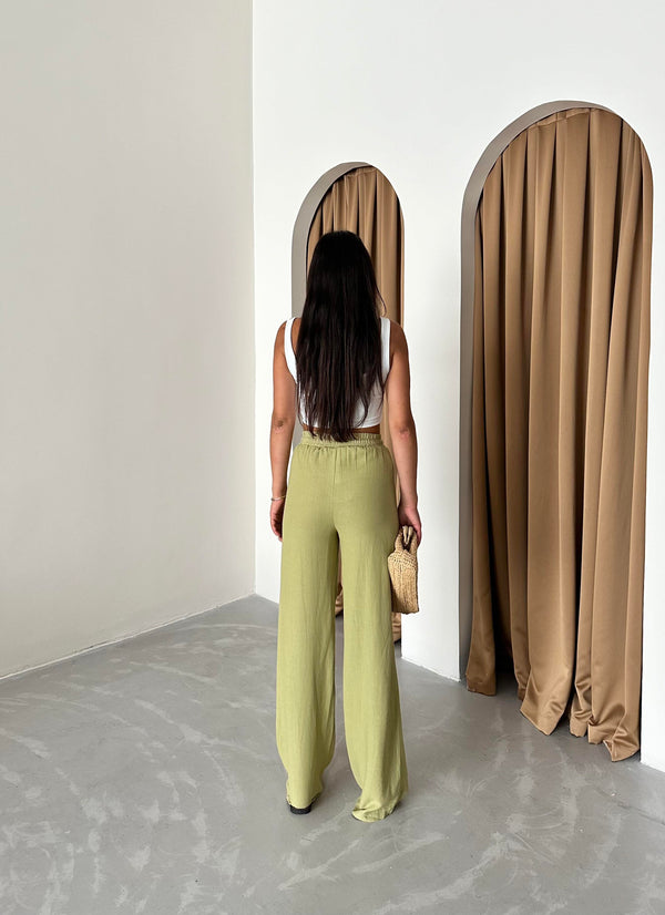 Çağla Yeşili %100 Keten Palazzo Pantolon