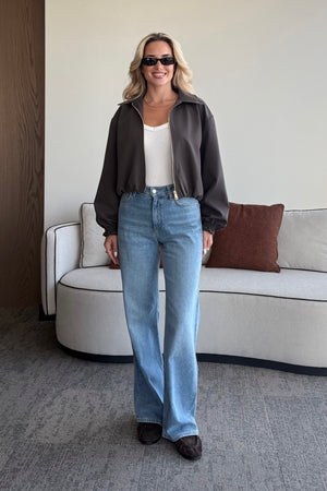 Koyu Kahverengi Crop Bomber Ceket