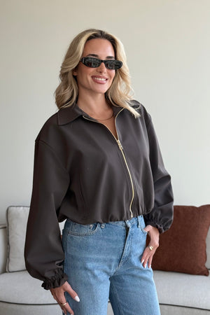 Koyu Kahverengi Crop Bomber Ceket