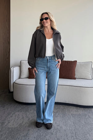 Koyu Kahverengi Crop Bomber Ceket