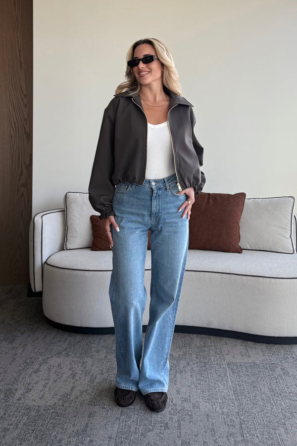 Koyu Kahverengi Crop Bomber Ceket