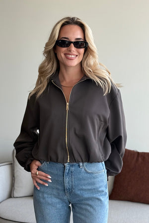 Koyu Kahverengi Crop Bomber Ceket