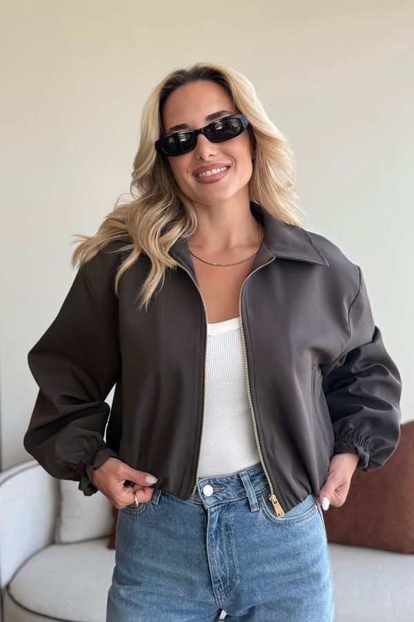 Koyu Kahverengi Crop Bomber Ceket