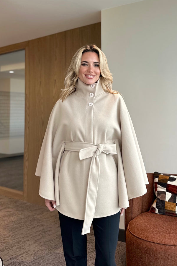 Krem Düğmeli Kuşaklı Kaşe Panço - 2055