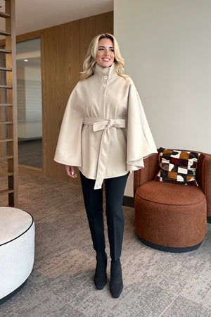 Krem Düğmeli Kuşaklı Kaşe Panço - 2055