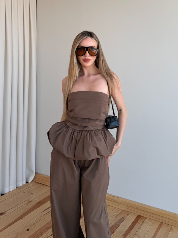 Kahverengi Balon Bluz Pantolon Takım - 7334