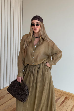 Olive Kırışık Gömlek Etek Takım - 51159