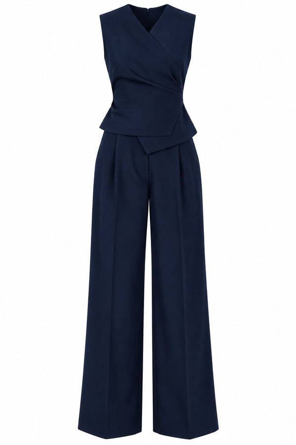 Lacivert Donna Kruvaze Yaka Yelek Pantolon Takım - 3y8496