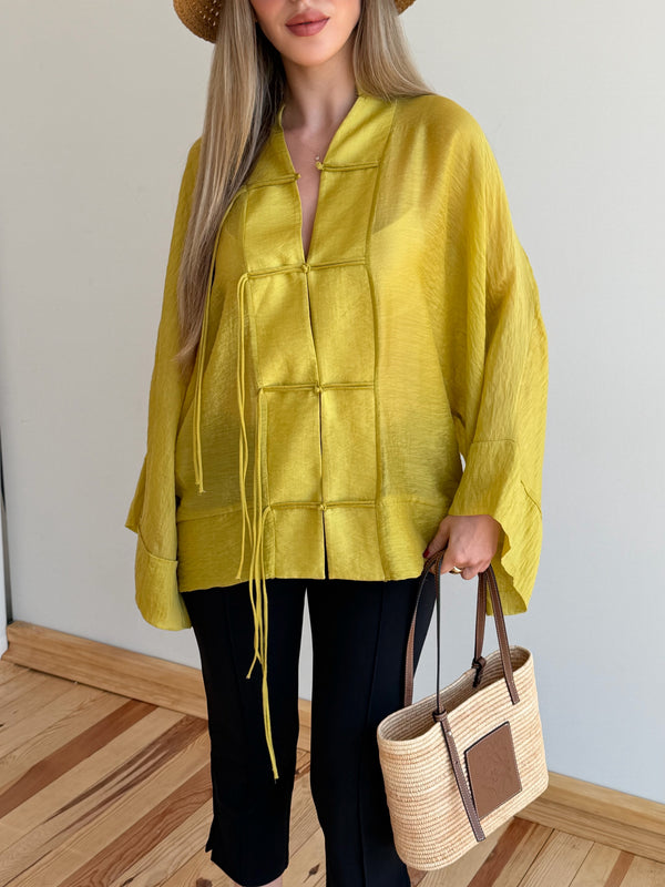 Sarı İp Bağcıklı Transparan Kimono - 5098