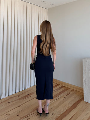 Lacivert Drapeli Midi Elbise - 0506