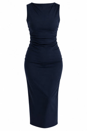 Lacivert Drape Detaylı Midi Yırtmaçlı Elbise - 2y0506
