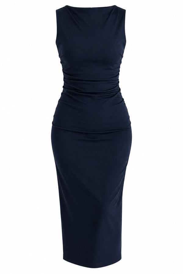 Lacivert Drape Detaylı Midi Yırtmaçlı Elbise - 2y0506