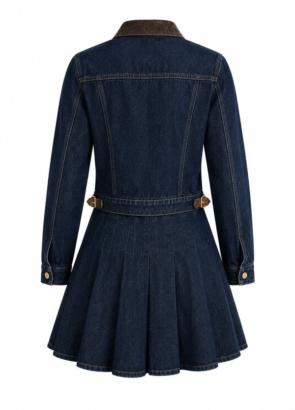 Lacivert Pileli Etek Ceket Denim Takım - 0984