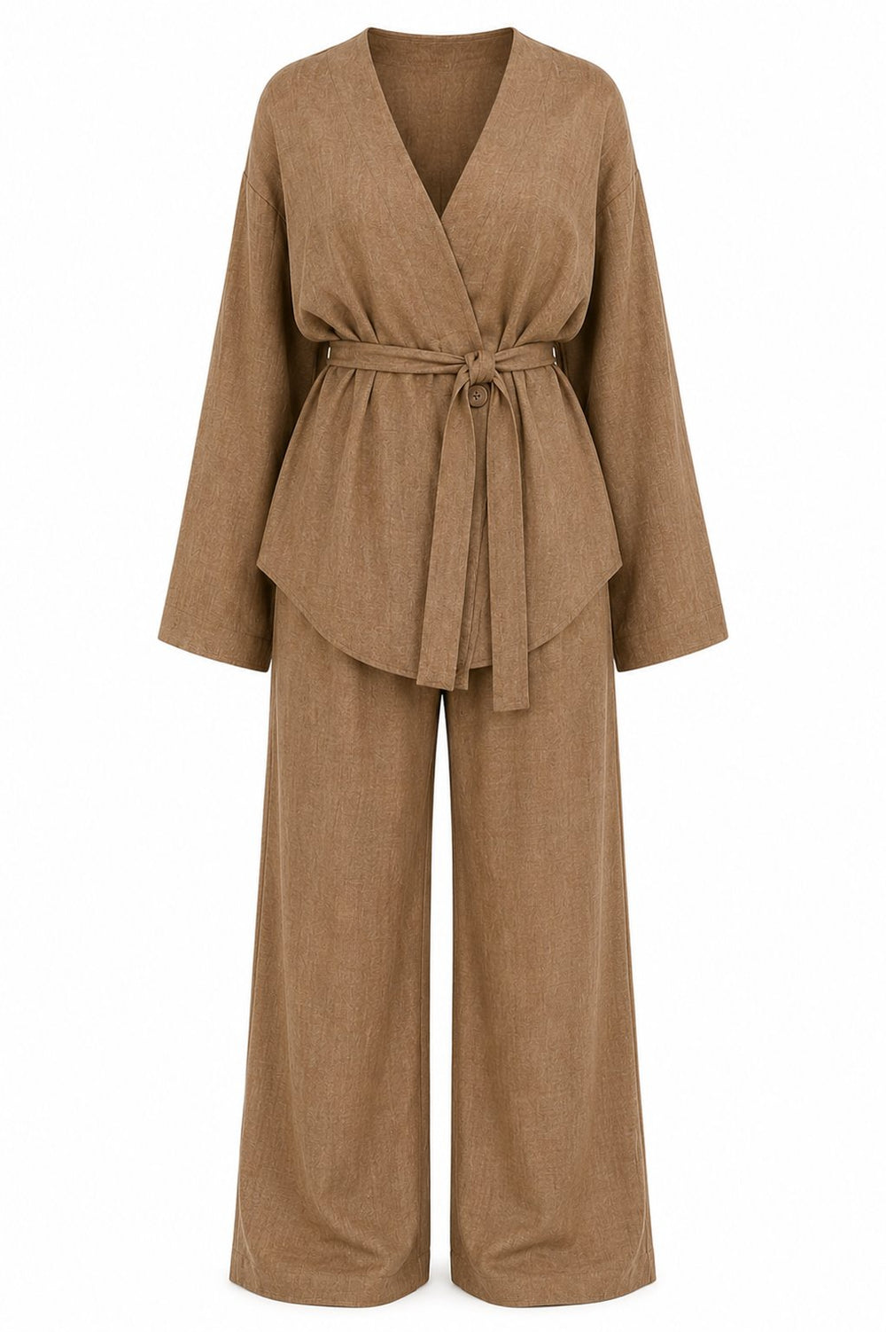 Açık Kahve Kemerli Kimono Takım - 2y012