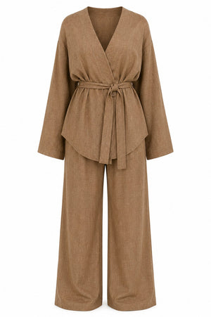 Açık Kahve Kemerli Kimono Takım - 2y012