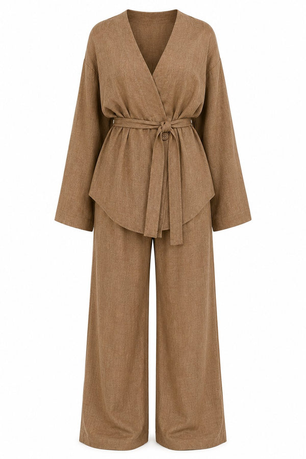 Açık Kahve Kemerli Kimono Takım - 2y012
