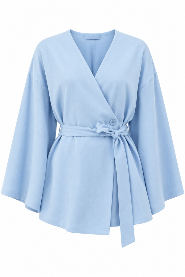 Mavi Düğme Detaylı Kemerli Kimono - 005