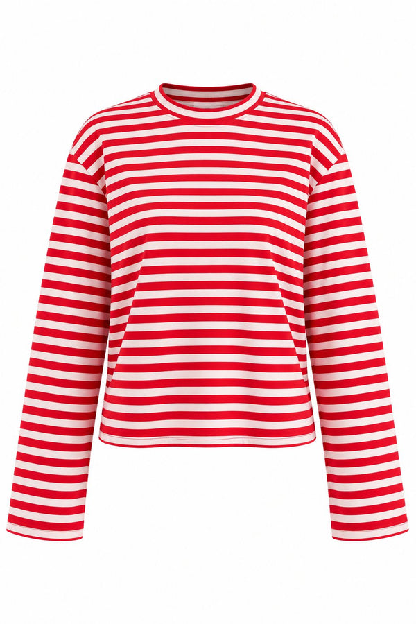 Kırmızı Çizgili Geniş Kollu Tshirt - 5203