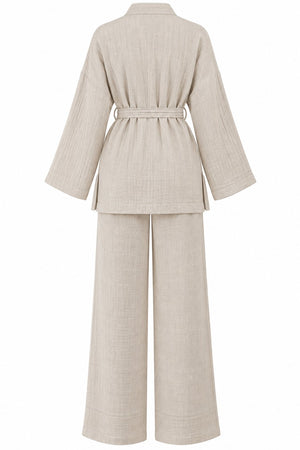 Natural %100 Pamuk Cepli Kuşaklı Kimono Takım - 2y8491