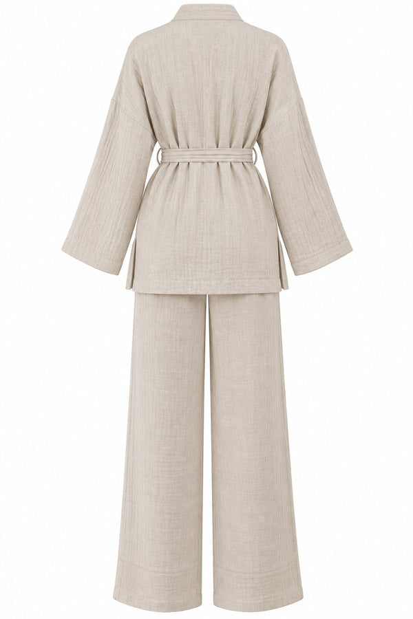 Natural %100 Pamuk Cepli Kuşaklı Kimono Takım - 2y8491