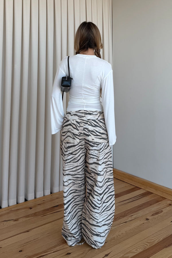 Bej Zebra Desenli Pantolon - 19005
