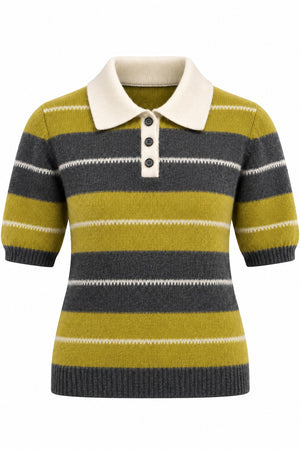 Olive Polo Yaka Kısa Kollu Triko Kazak - 1289