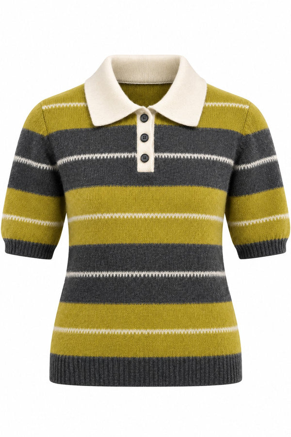 Olive Polo Yaka Kısa Kollu Triko Kazak - 1289
