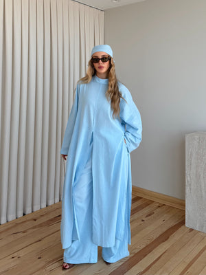 Mavi Aksesuarlı Keten Dokulu Üçlü Takım - 8922