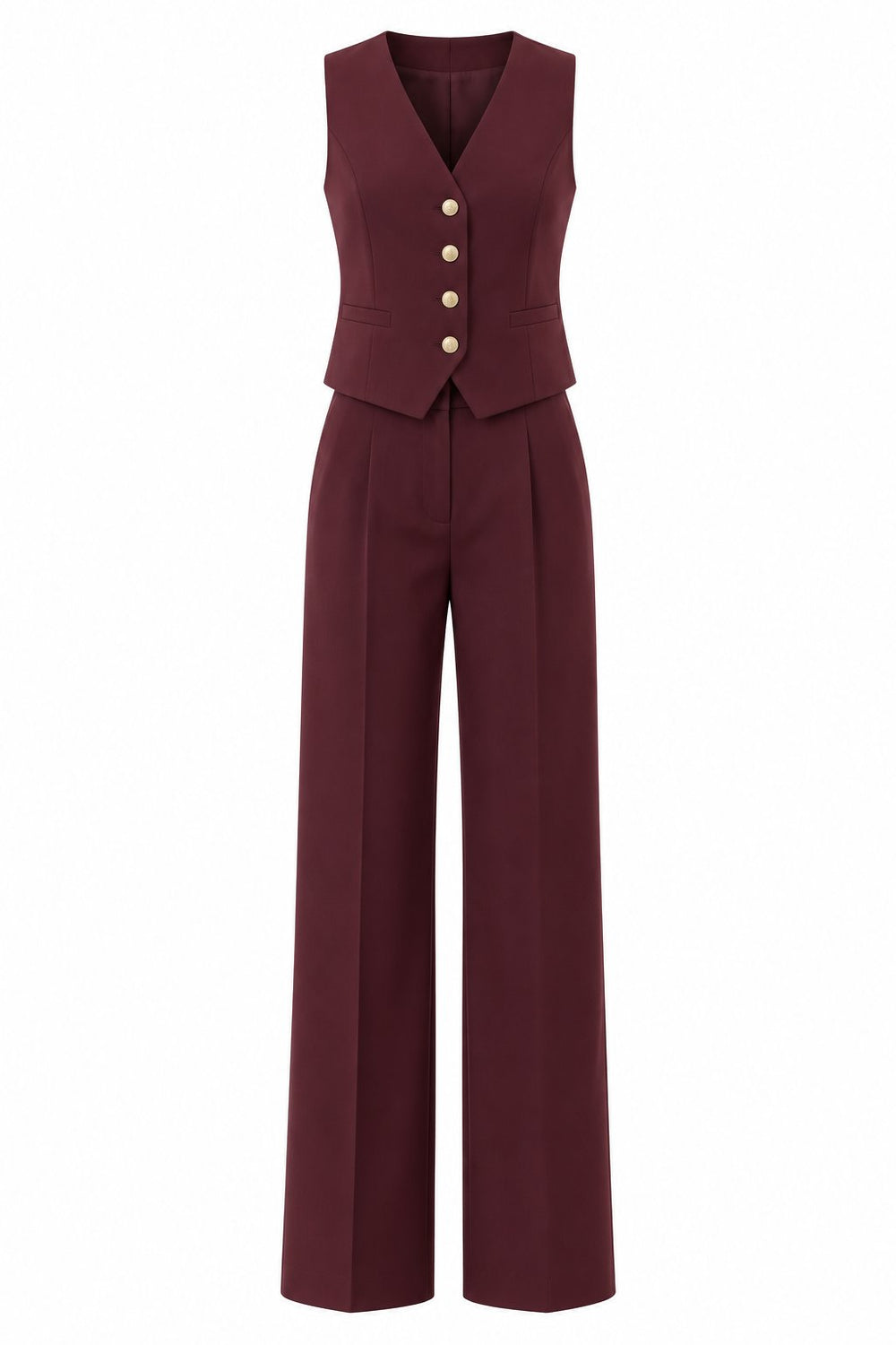 Bordo Gold Düğme Poliviskon Kumaş Yelekli Takım - 2y0375