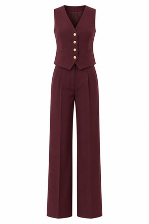 Bordo Gold Düğme Poliviskon Kumaş Yelekli Takım - 2y0375