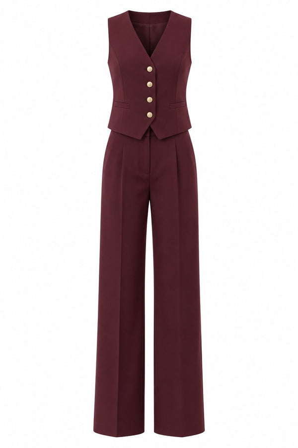 Bordo Gold Düğme Poliviskon Kumaş Yelekli Takım - 2y0375