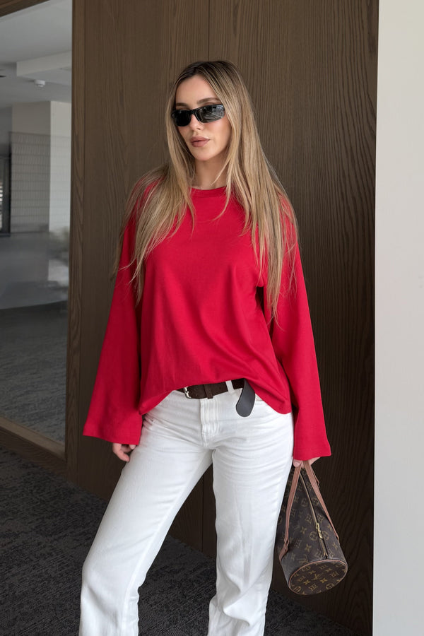 Kırmızı Reglan Kollu Tshirt | LALUVIA