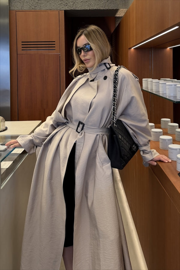 Taş Kuşaklı Premium Oversize Trençkot - 8646