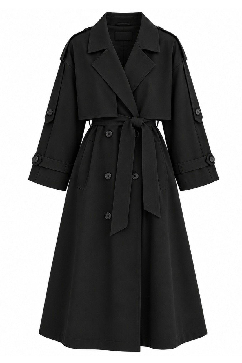 Siyah Lucky Düğme Detaylı Oversize Trençkot - 9476