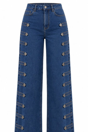 Lacivert Napolyon Düğme Detaylı Wide Leg Pantolon - 1113