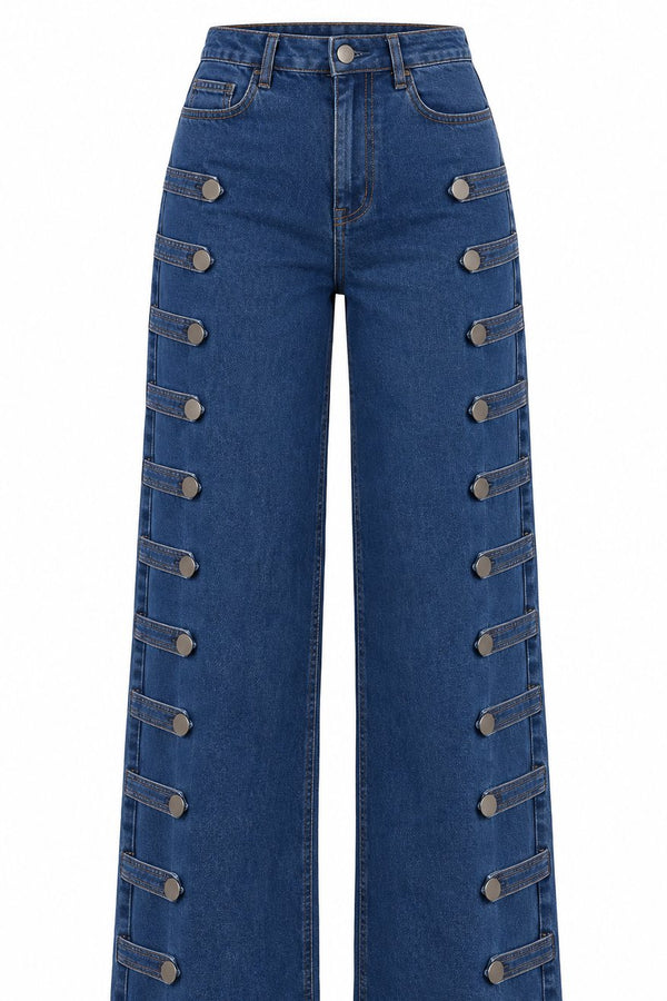 Lacivert Napolyon Düğme Detaylı Wide Leg Pantolon - 1113