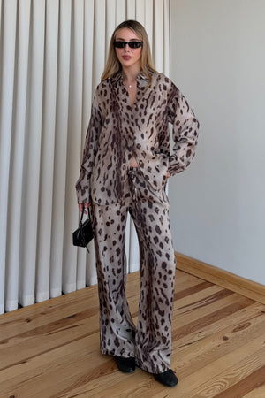 Kahve Leopar Desen Gömlek Pantolon Saten Takım - 906365