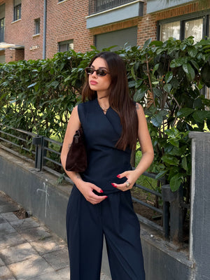 Lacivert Donna Kruvaze Yelek Pantolon Takım - 8496