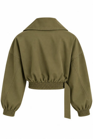 Haki Şal Yaka Kemerli Crop Ceket - 4177