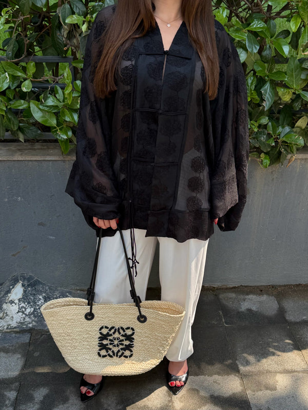 Siyah Frog Kapama Nakışlı Kimono - 5096