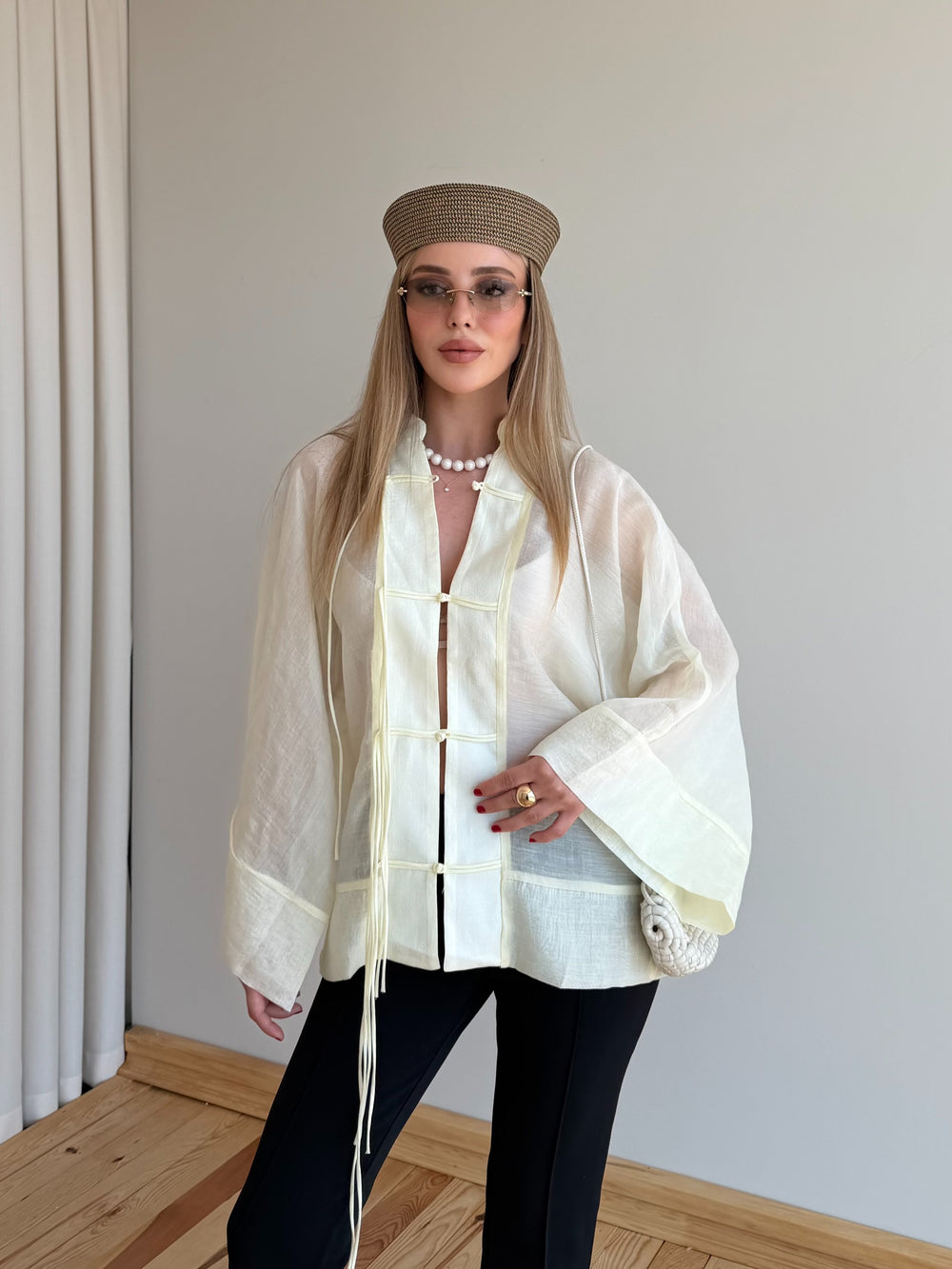 Tereyağ Sarısı İp Bağcıklı Transparan Kimono - 5098