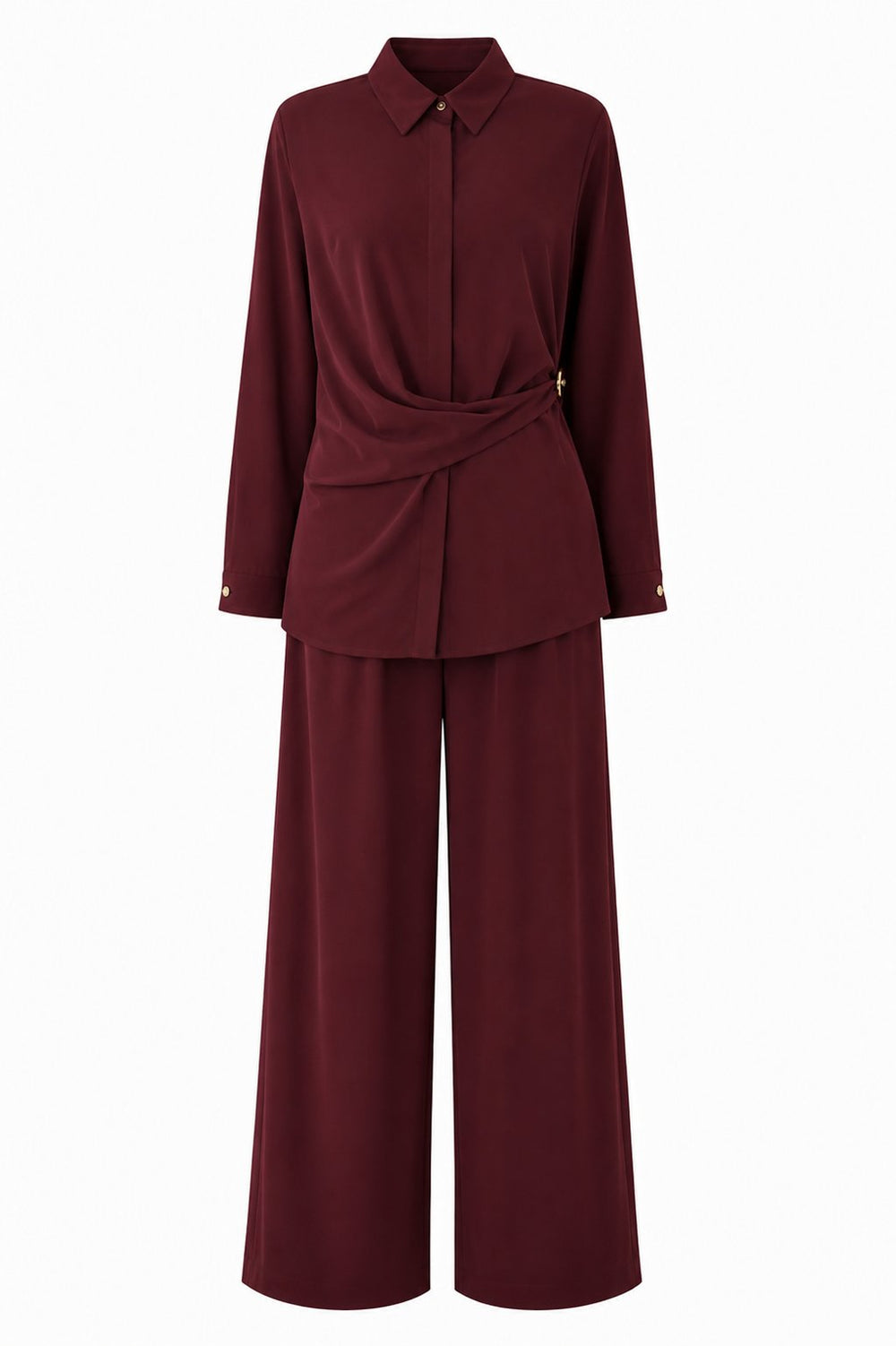Bordo Gold Düğmeli Tasarım Gömlek Pantolon Takım - 8856