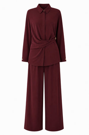 Bordo Gold Düğmeli Tasarım Gömlek Pantolon Takım - 8856