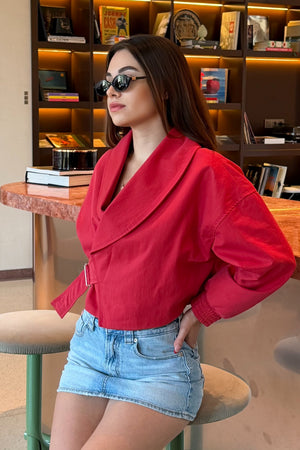 Kırmızı Şal Yaka Kemerli Crop Ceket - 4177