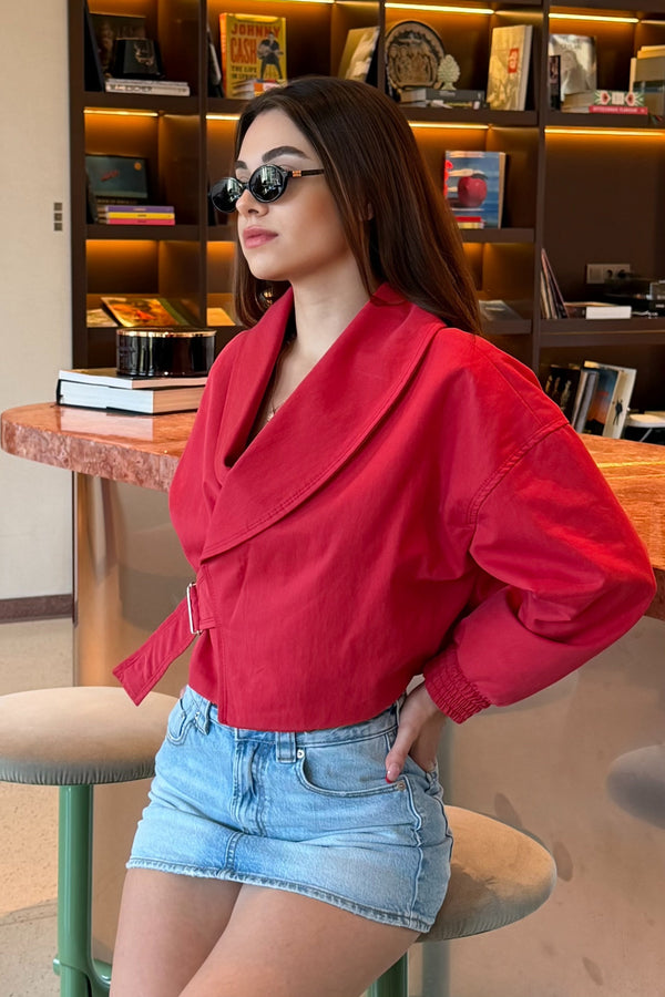 Kırmızı Şal Yaka Kemerli Crop Ceket - 4177