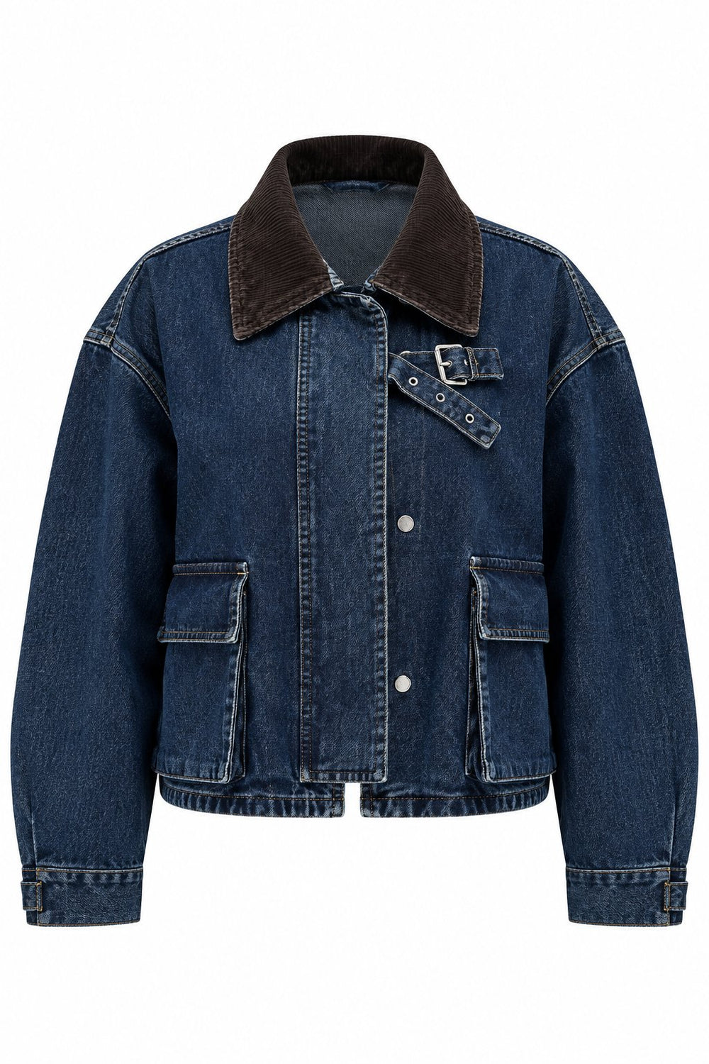 Lacivert Yakası Kemerli Crop Denim Ceket - 1114